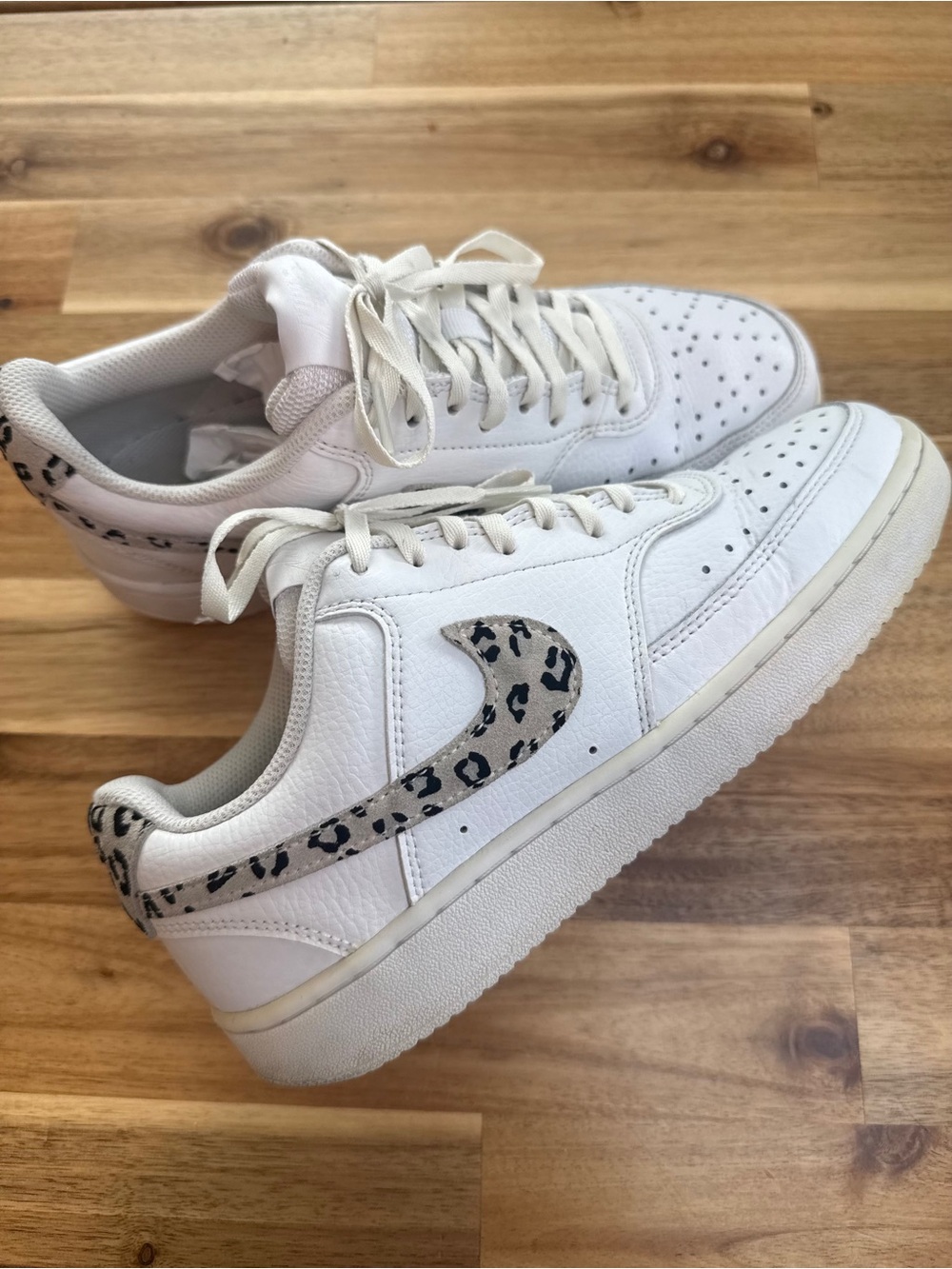 Nike White Leather Sneakers with Leopard-Print Swoosh